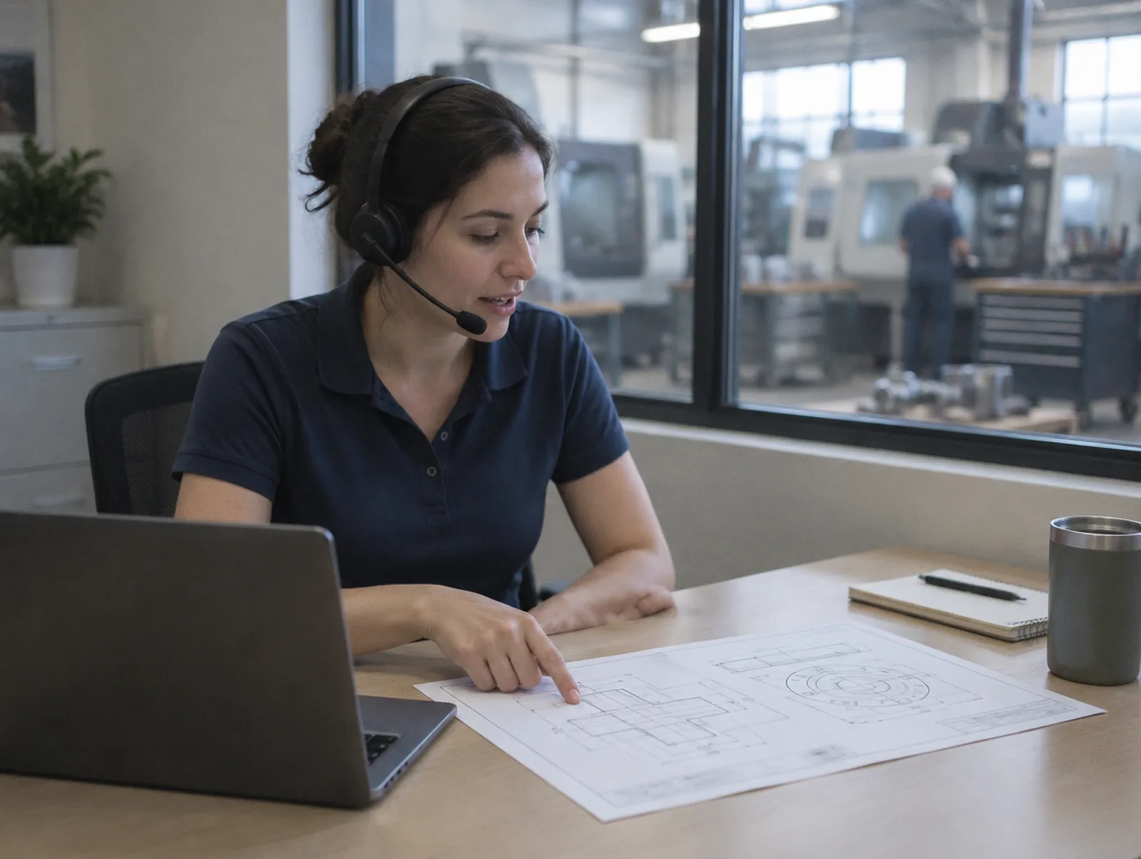Atendente da Tornea Paulista com headset analisando um desenho técnico sobre a mesa