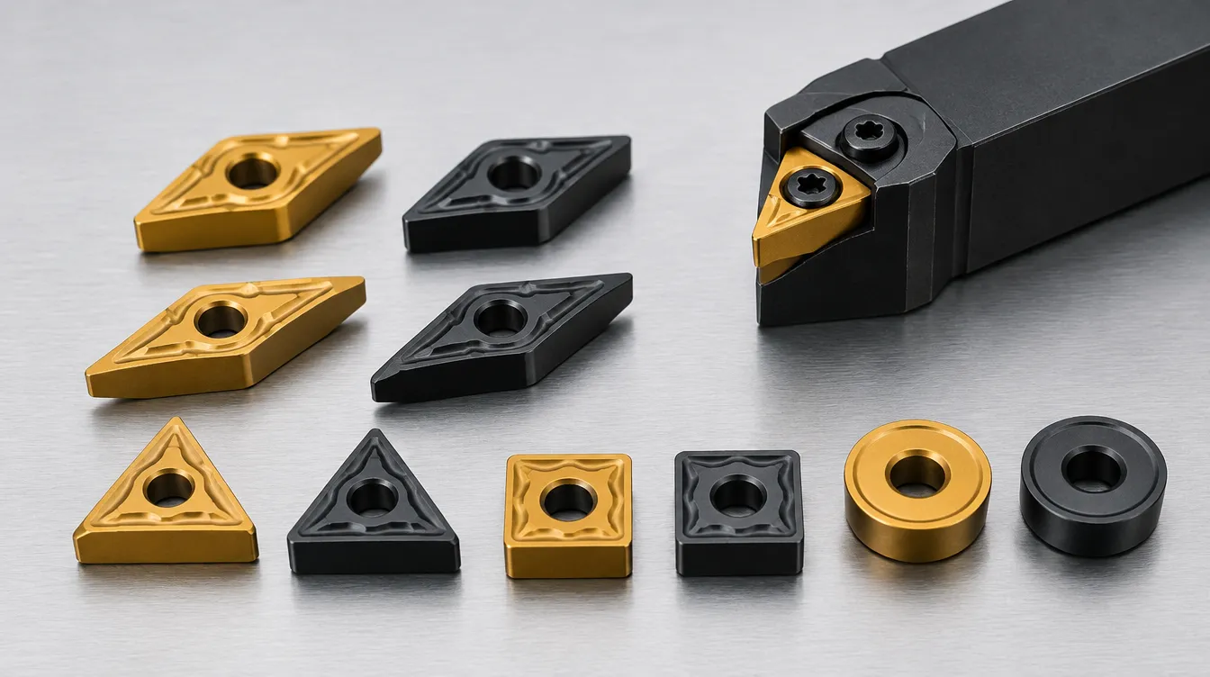Pastilhas de metal duro de formatos diferentes ao lado de um suporte de torneamento
