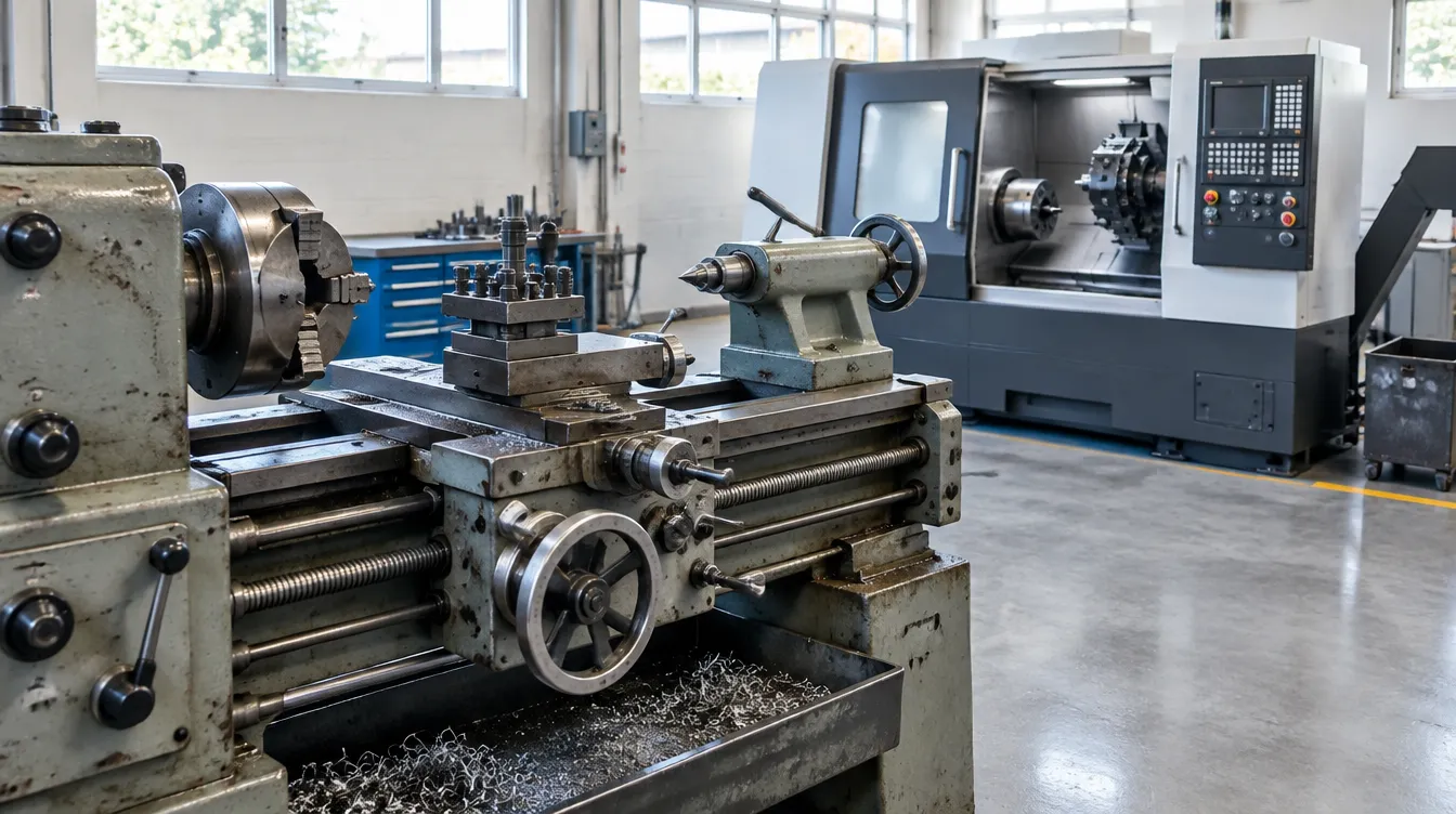 Torno convencional em primeiro plano e torno CNC ao fundo em uma tornearia