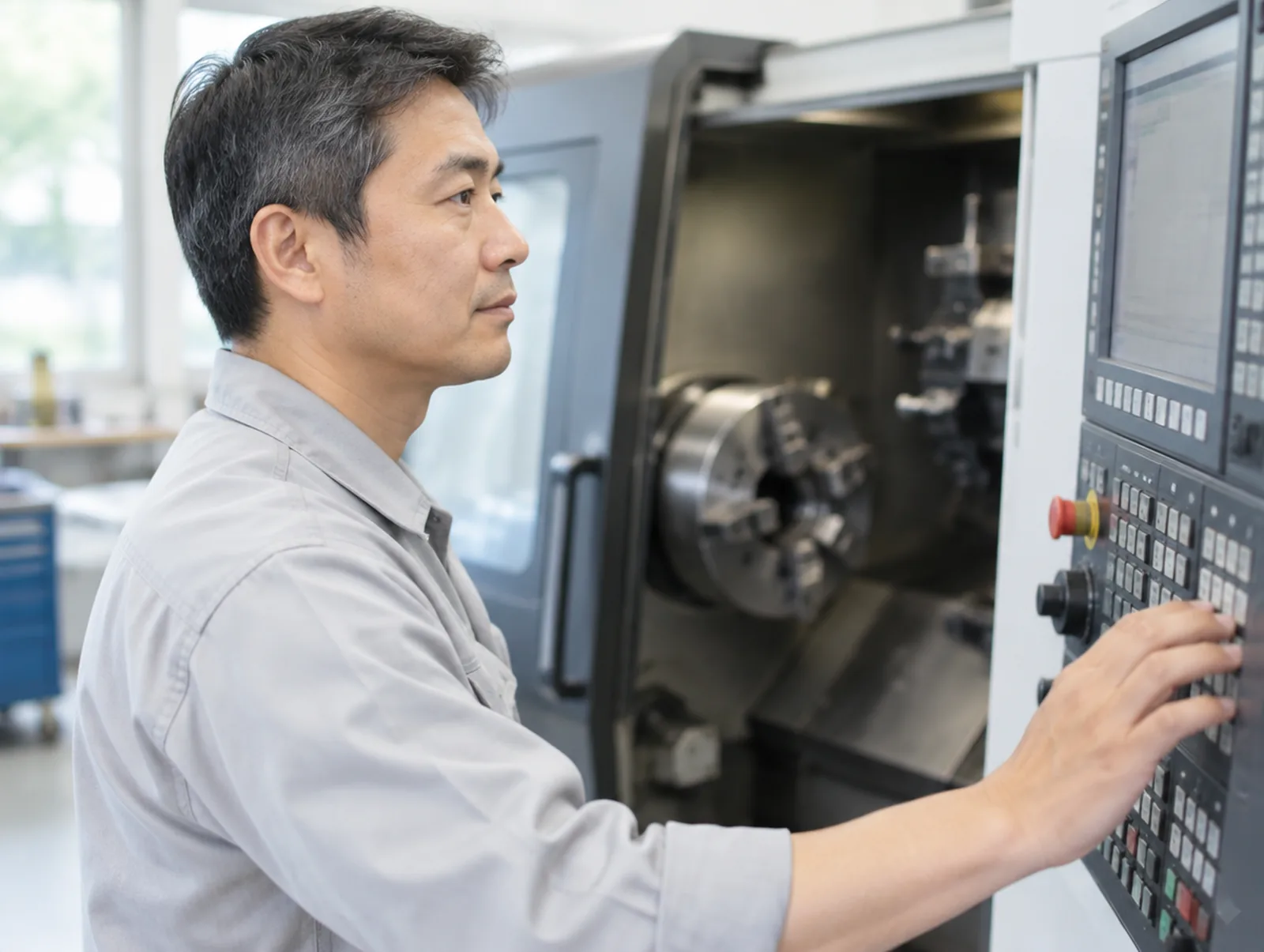 Operador diante do painel de comando de um torno CNC