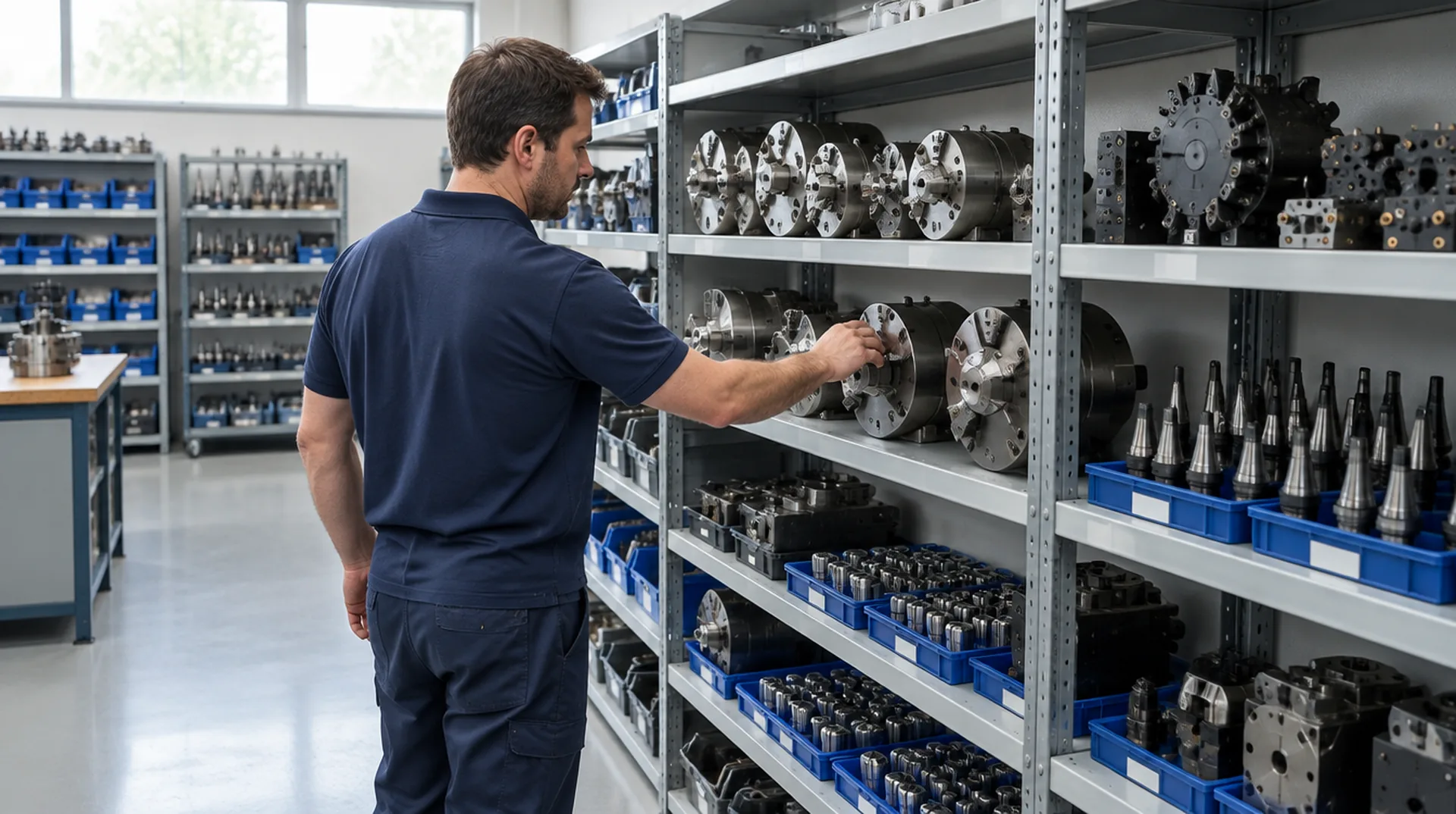 Prateleiras com placas, pinças e ferramental para torno CNC