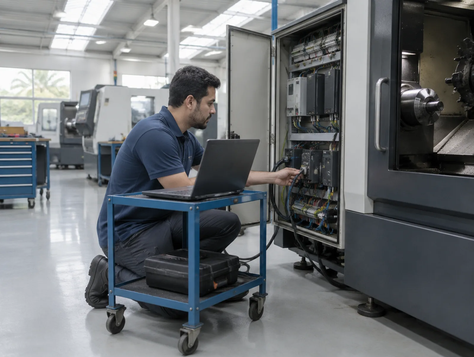 Técnico trabalhando no painel elétrico de um torno CNC com notebook ao lado
